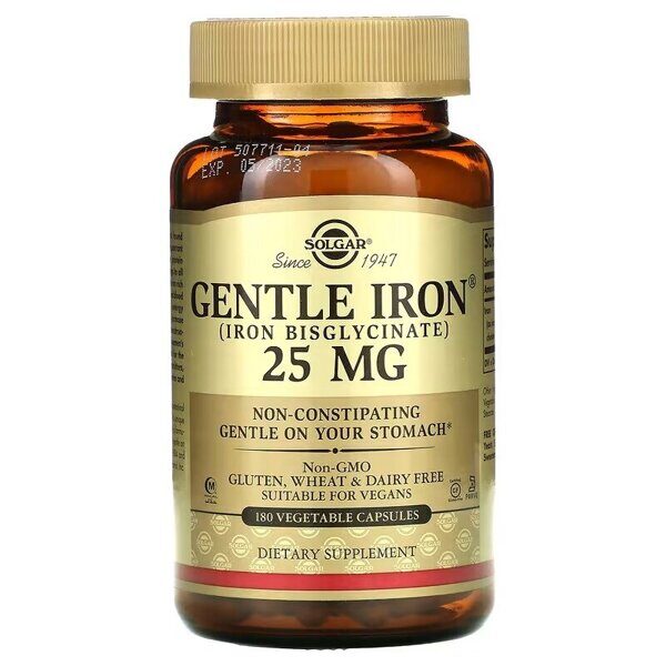 Solgar - Gentle Iron, 25 mg, 180 Vegetable Capsules