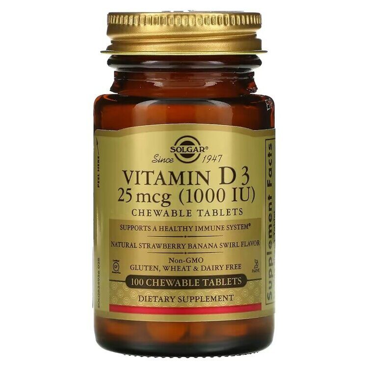 Solgar - Vitamin D3, Natural Strawberry Banana Swirl, 25 mcg (1,000 IU), 100 Chewable Tablets